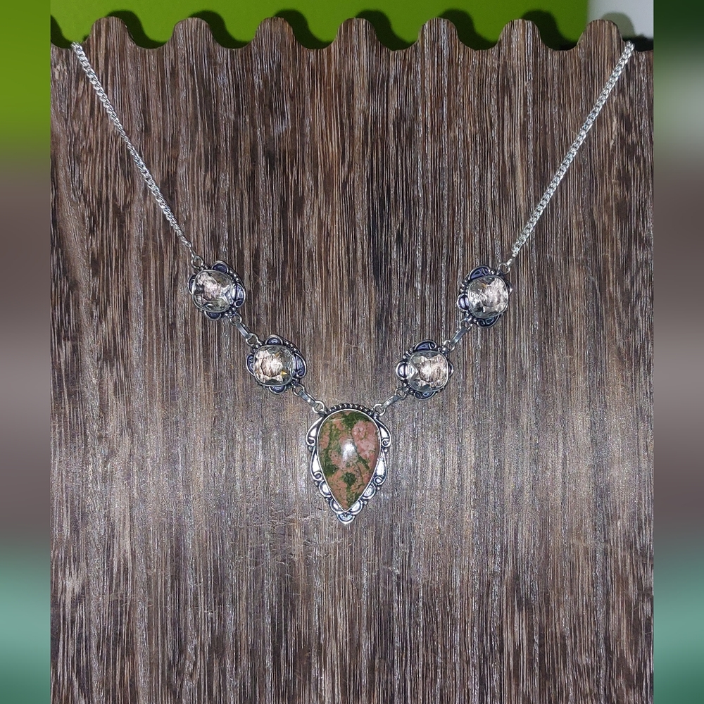 Unakite Stone Necklace with lab created topaz